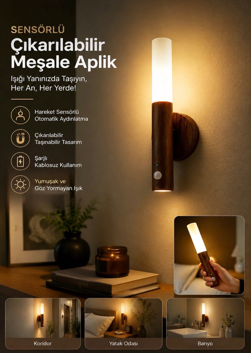 Ahşap Tasarımlı Şarjlı Hareket Sensörlü Duvar Apliği Meşe