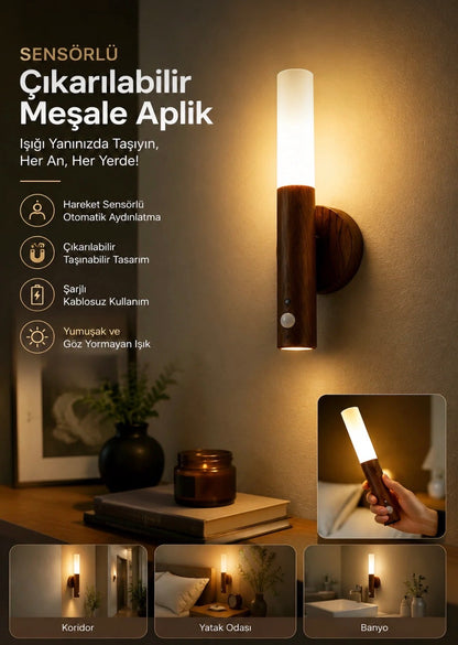 Ahşap Tasarımlı Şarjlı Hareket Sensörlü Duvar Apliği Meşe