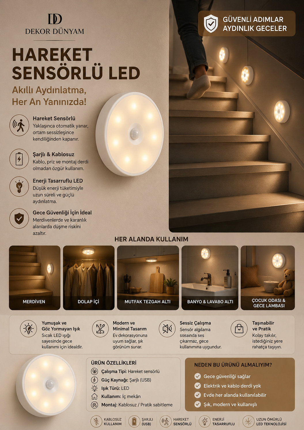 Akıllı Hareket Sensörlü Kablosuz LED Gece Lambası