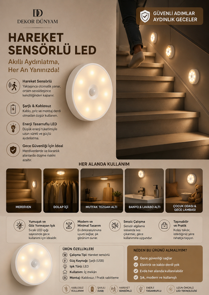 Akıllı Hareket Sensörlü Kablosuz LED Gece Lambası