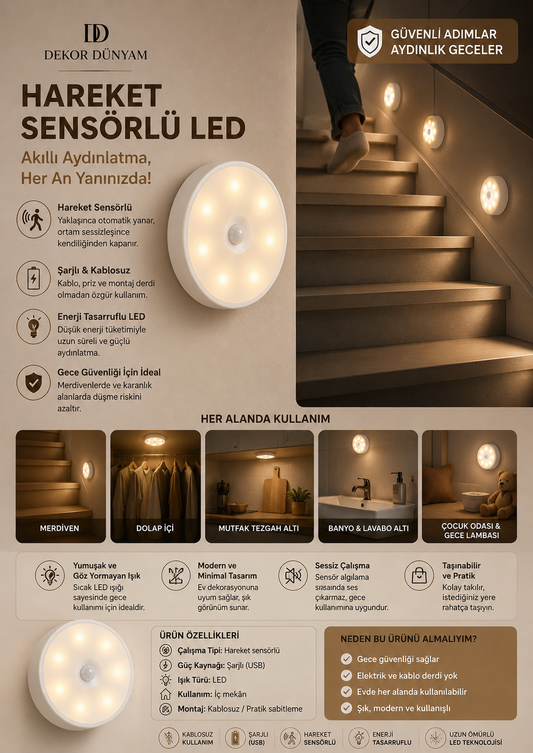 Akıllı Hareket Sensörlü Kablosuz LED Gece Lambası