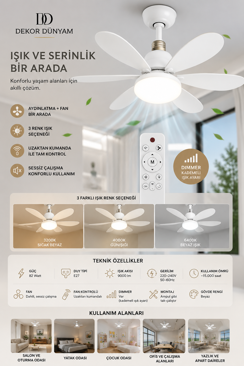 3 Renk İkisiBirArada Led Fan