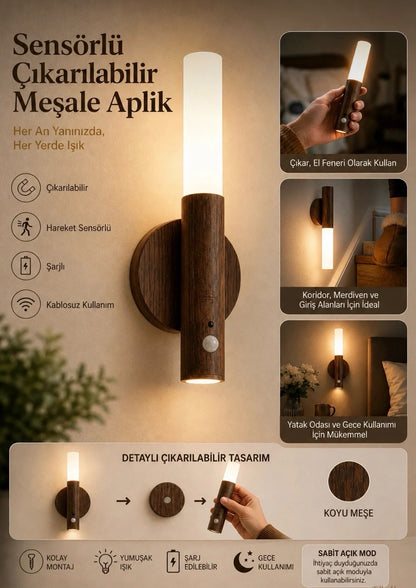 Ahşap Tasarımlı Şarjlı Hareket Sensörlü Duvar Apliği Meşe