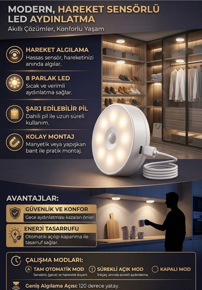 Akıllı Hareket Sensörlü Kablosuz LED Gece Lambası