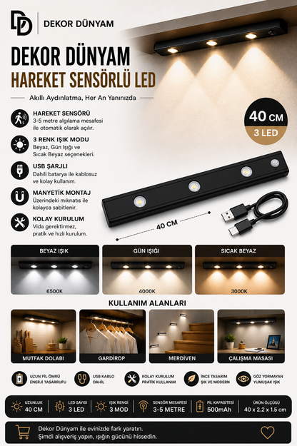 3 Renkli Sensörlü Kablosuz Siyah Led Işık