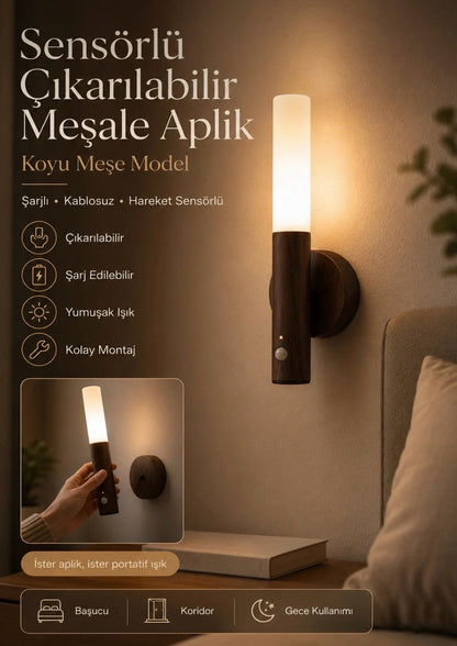 Ahşap Tasarımlı Şarjlı Hareket Sensörlü Duvar Apliği Meşe