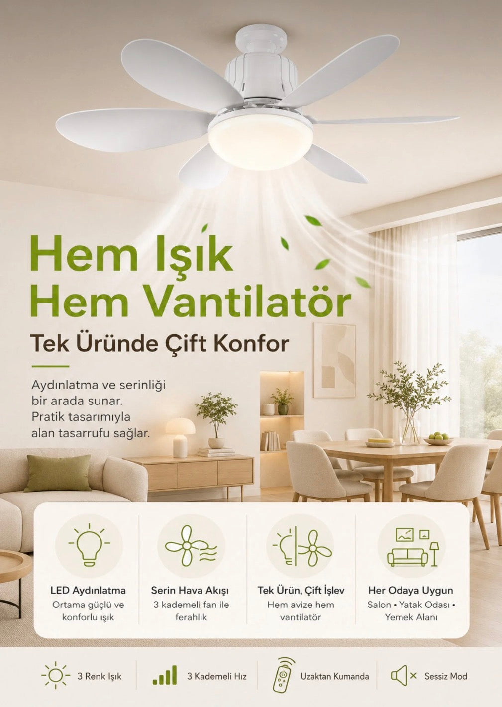 3 Renk İkisiBirArada Led Fan