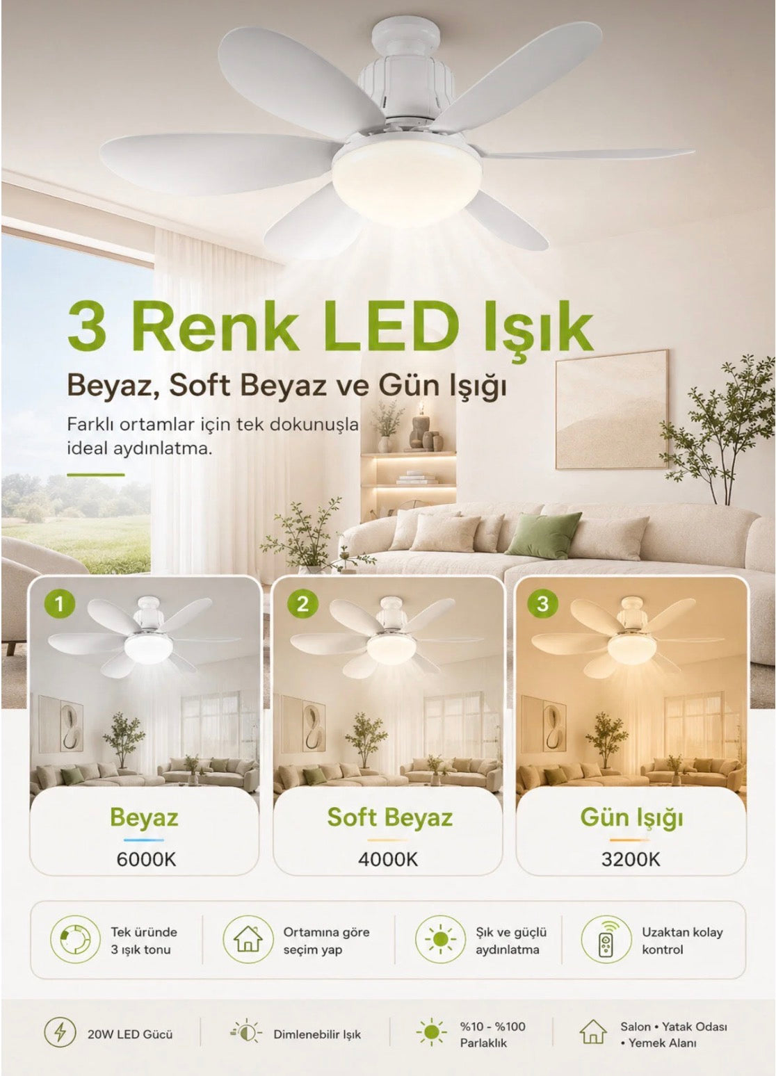 3 Renk İkisiBirArada Led Fan